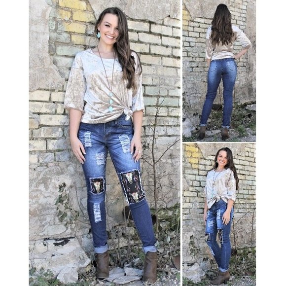 Jeans. Steer-Skull Fabric Patch Inserts. Destroyed. Sizes 18 & 20. - Picture 4 of 9